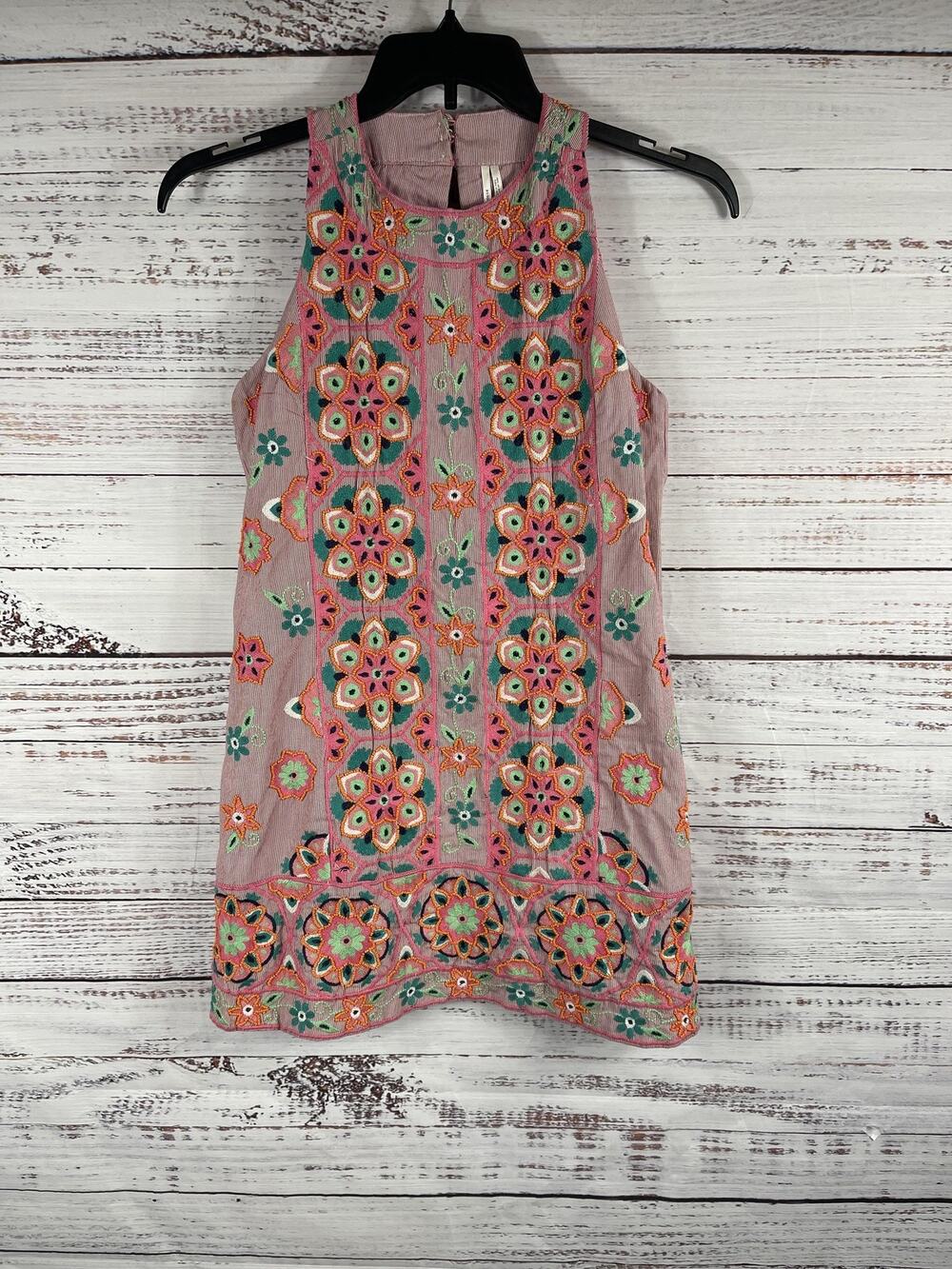 Anthropologie Embroidered Beaded Tunic dress Womens 0 Pink Multi Sleeveless Boho
